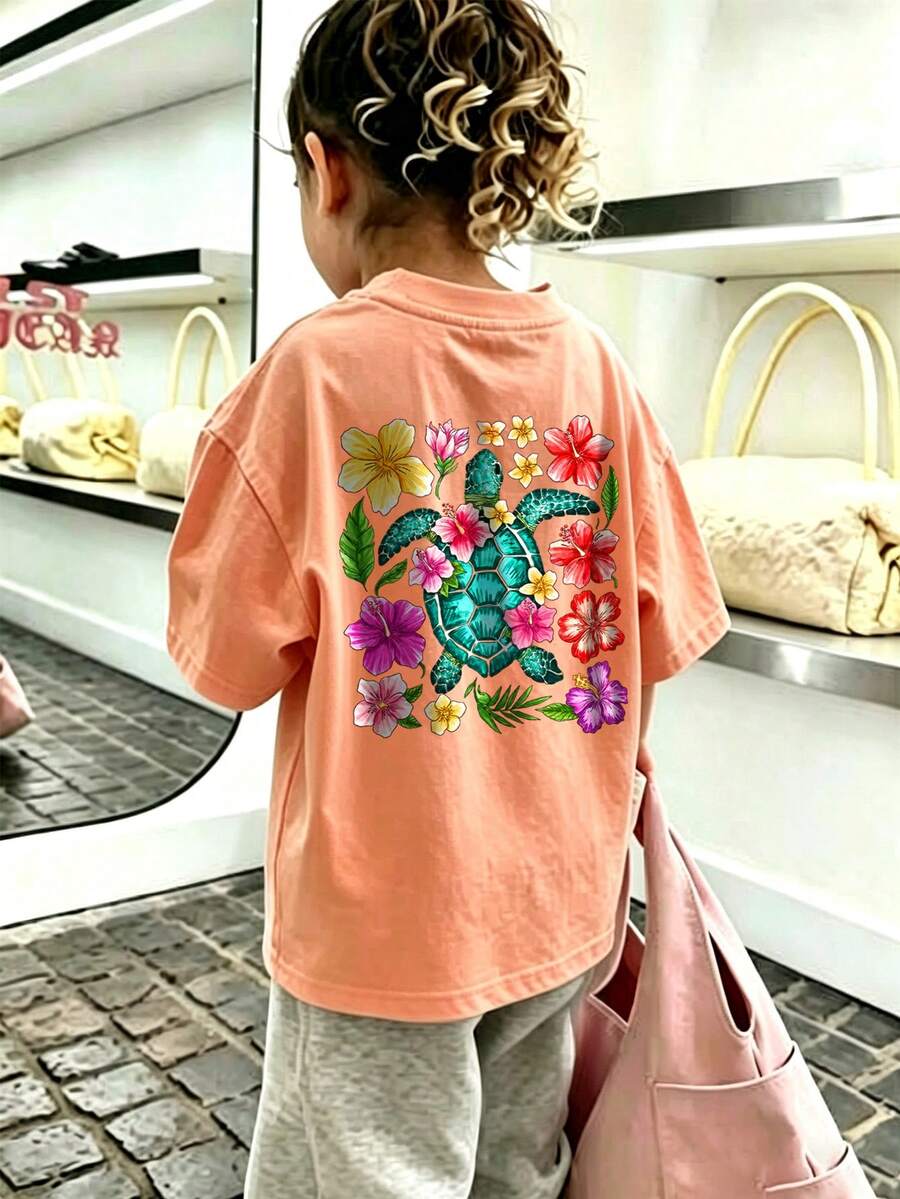 Soft And Breathable Round Neck Short Sleeve Casual T-Shirt For Little Girls, Suitable For Daily Wear And Vacation - Coral Orange - View 1