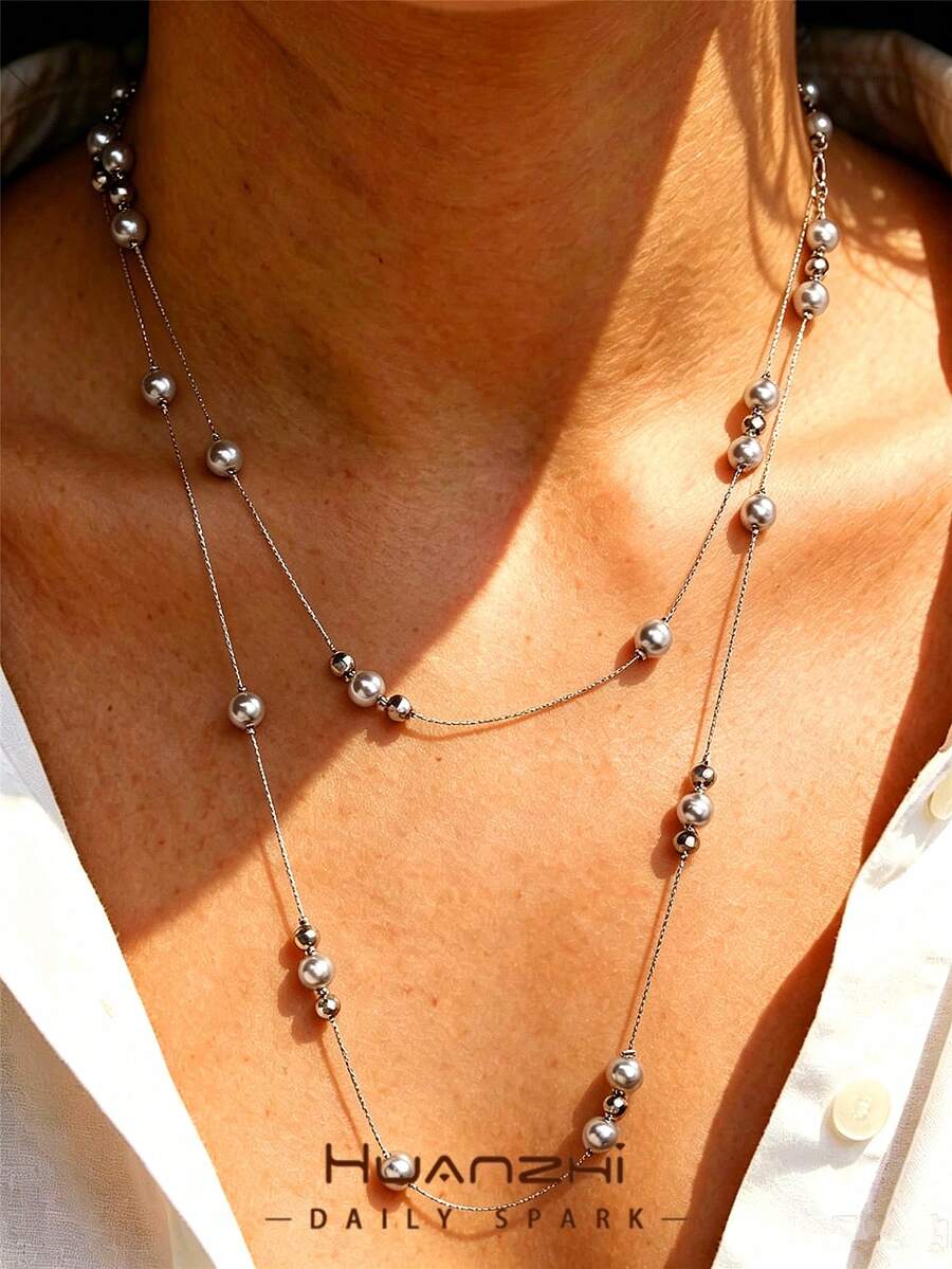 1pc Asymmetrical Long Beaded Necklace, Minimalist Charming Layered Clavicle Chain, Sweater Chain Suitable For Daily & Vacation Wear - Multicolor - View 1