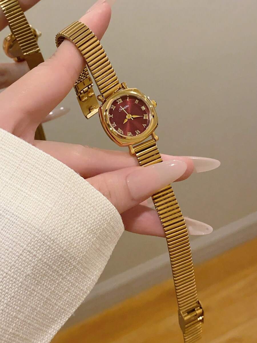 1件金色錶帶休閒竹紋時尚女款石英手錶,適合日常配戴,復古情侶款,最佳禮物 - 金色 - 查看 1
