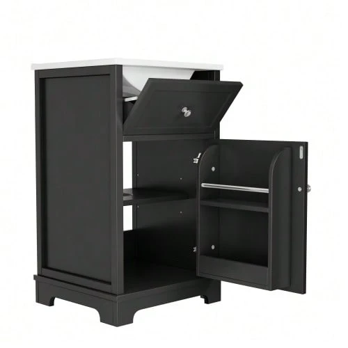 51*46*87cm MDF Vanity Unit, Fully Lacquered, With Pull-Out Drawer And Adjustable Shelves, Cabinet Doors, High Cabinet Feet, Integrated Washbasin, White - Black - View 1