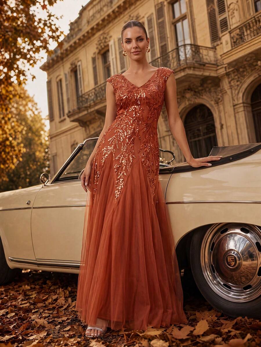 EVERPRETTY Elegant Rust Color Mother Of The Bride Evening Gown, V-Neck Sleeveless Sequin Vine Embroidery, Tulle A-Line Long Dress, Suitable For Formal Receptions
