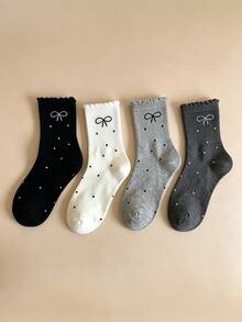 4 pares de calcetines de media caña con volantes y lazos para mujer, nuevos calcetines slouch con lunares y lazos de encaje estilo Ins, calcetines de media caña para estudiantes - Multicolor - Ver 3