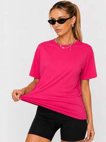 Nonwe Women Loose Fit Plain Short Sleeve T Shirt Soft Stretch Crew Neck Casual Sports Basic Tee Daily Wear - Hot Pink - View 2