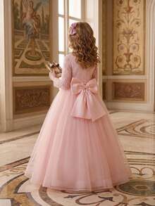 Tween Girls Lace Long Sleeve Bow Mesh Elegant Ball Gown Dress For Hosting Parties, Headband Not Included - Baby Pink - View 2