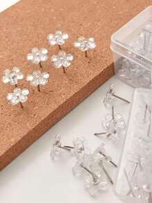 50pcs Transparent Flower-Shaped Push Pins, 5-Petal Flat Head Decorative Thumbtacks For Office, Plum Blossom Design - Clear Plum Blossom Push Pins - View 8