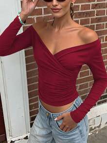 Women Long Sleeves Ruched V Neck Solid Casual Fall Winter Going Out Vacation Party Top - Burgundy - View 2