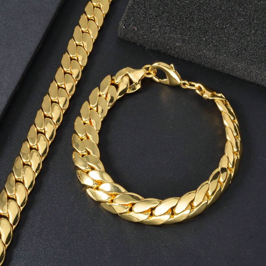 Bold Classic 18K Gold Plated Shiny Thick Cuban Copper Bracelet, Unisex, Suitable For Daily Wear And Party - Gold - View 1
