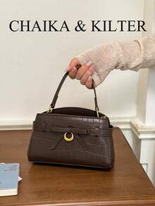 New Summer Lychee Texture Women's Handbag, Fashionable Shoulder Strap Decor Adjustable Crossbody Bag, All-Over Stone Texture Lace-Up Bow Minimalist Solid Color High-End Hardware Decor Shoulder Commuter Bag - Coffee - View 6