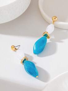 Textured White Lake Blue Marble Acrylic Long Drop Earrings - White Marble Lake Blue - View 3