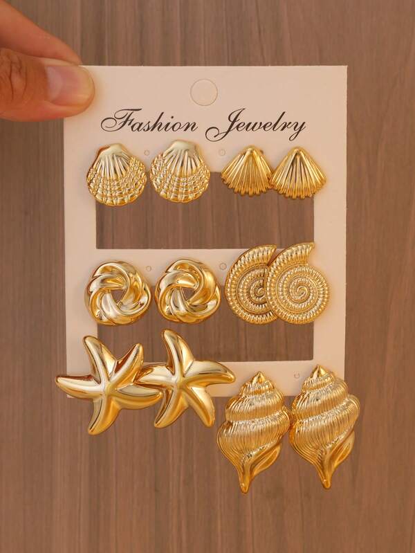 2-12pcs/Set, Personalized Fashion Minimalist Starfish & Shell Multi-Piece Earring Set, Suitable For Beach Vacation, Travel, Daily Casual, Party Wear