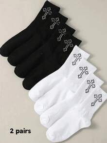 1/2/5/10/20pairsMen's Versatile Comfortable Plain Black & White Design Mid-Calf Socks, All-Season, Fall - Multicolor - View 12