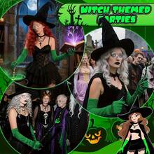 Witch Halloween Costume Set, Includes Hat, Cape, Witch Hat, Gloves, Role Play Props Party Outfit - Multicolor - View 7