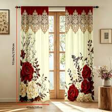 2 Stück beige und burgunderrote Rosenblumen-Spitzenbesatz bedruckte Vorhänge, Vintage romantische flache Druckvorhänge, ohne Futter, ohne Kordelzug - Verschiedenfarbig - Übersicht 16