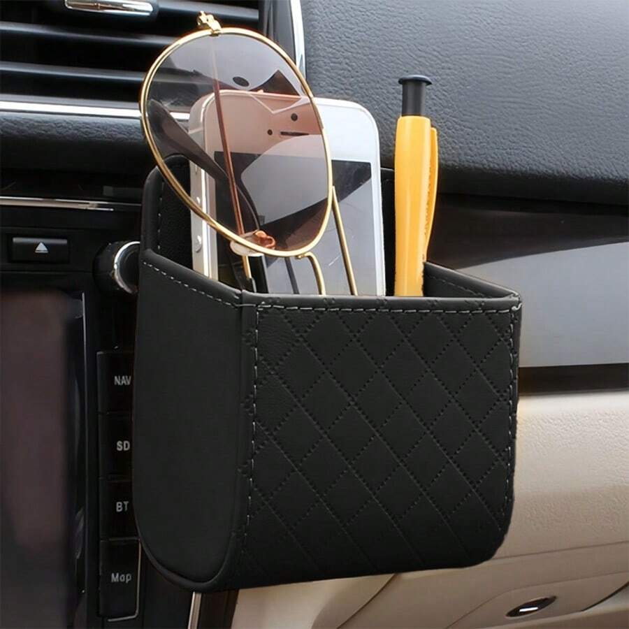 Car Air Vent Storage Box, Exquisite Rhinestone + Durable Leather Material, Hanging Design, Phone And Sundries Can Be Placed Freely