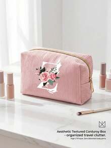 1pc A-Z Pink Letter Corduroy Cosmetic Bag, Foldable Large Capacity Makeup Organizer With Smooth Zipper, Portable Personalized Toiletry Bag, Pink White Letter Design Storage Pouch, Perfect For Christmas Gift & Vacation - Multiple Styles - View 32