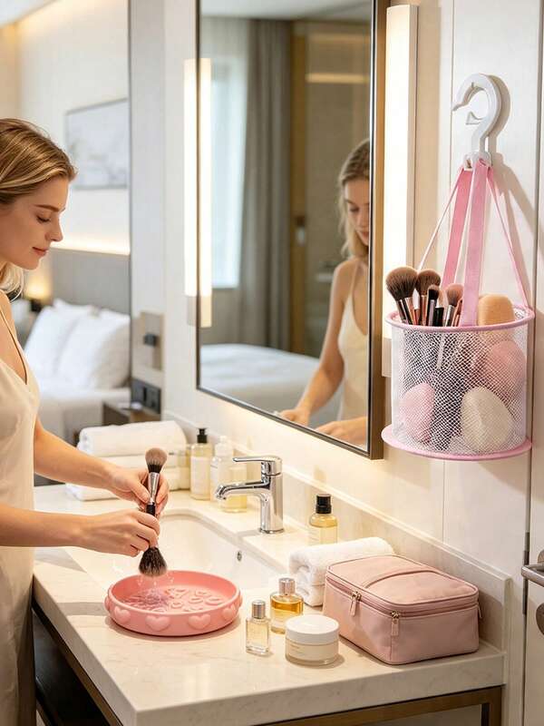 Set Pembersih Kuas Makeup, Bantalan Pembersih Kuas Makeup Silikon Berbentuk Hati Warna Pink dan Tempat Kuas Gantung Jaring, Baki Pengikis Silikon Lembut Portabel dengan Permukaan Bertekstur Bentuk Hati untuk Membersihkan Kuas Makeup Secara Mendalam, Tas Pengering Penyimpanan Jaring Berlubang Bulat yang Bernapas dengan Tali dan Pengait Pink yang Dapat Diatur, Desain Gantung Lipat untuk Mengeringkan Kuas Makeup dengan Cepat, Kotak Penyimpanan Jaring Tahan Air untuk Spons, Anti Jamur dan Anti Debu