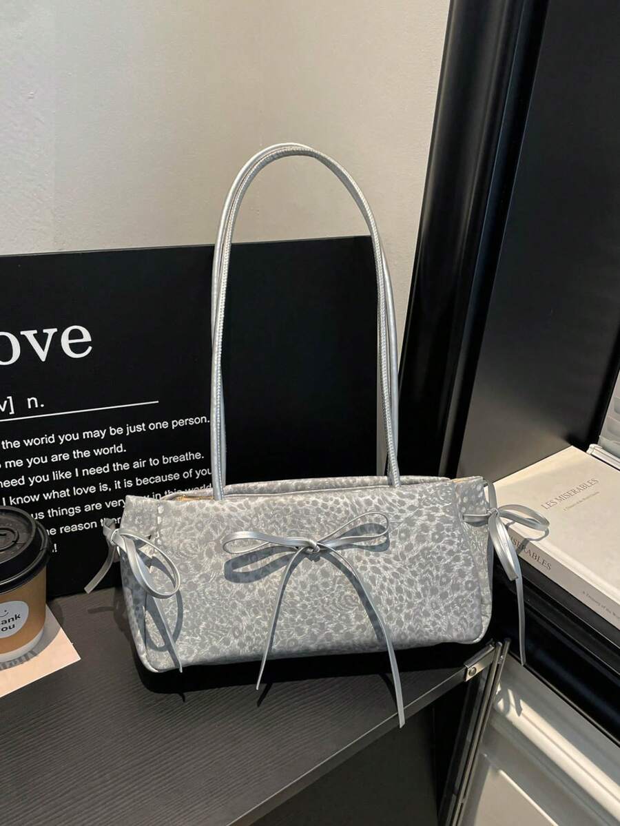 1pc Leopard Print Bowknot Shoulder Bag, Fashion Underarm Bag, Vintage Commuter Women's Daily Matching Use - Silver - View 1