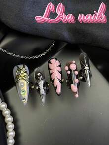 10pcs Handmade Fully Covered Stiletto Nails Press On Nails,Black Fake Nails,Glossy Minimalist Y2K Cool Harajuku Reusable,With Jelly Glue&Nail File,Suitable For Daily Festival Party Cosplay,Girly Wild Animal Print Edgy Cute Retro Manicure Gift - Black - View 4