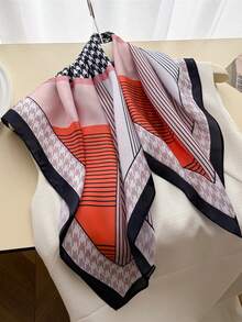 1pc Women's Vintage Houndstooth Diagonal Striped Small Square Bandana, Colorblock Geometric Patchwork Satin Silk Scarf, Versatile Necktie Hairband Bag Tie, Commuter Office Chic Outfit Accessory - Multicolor - View 5