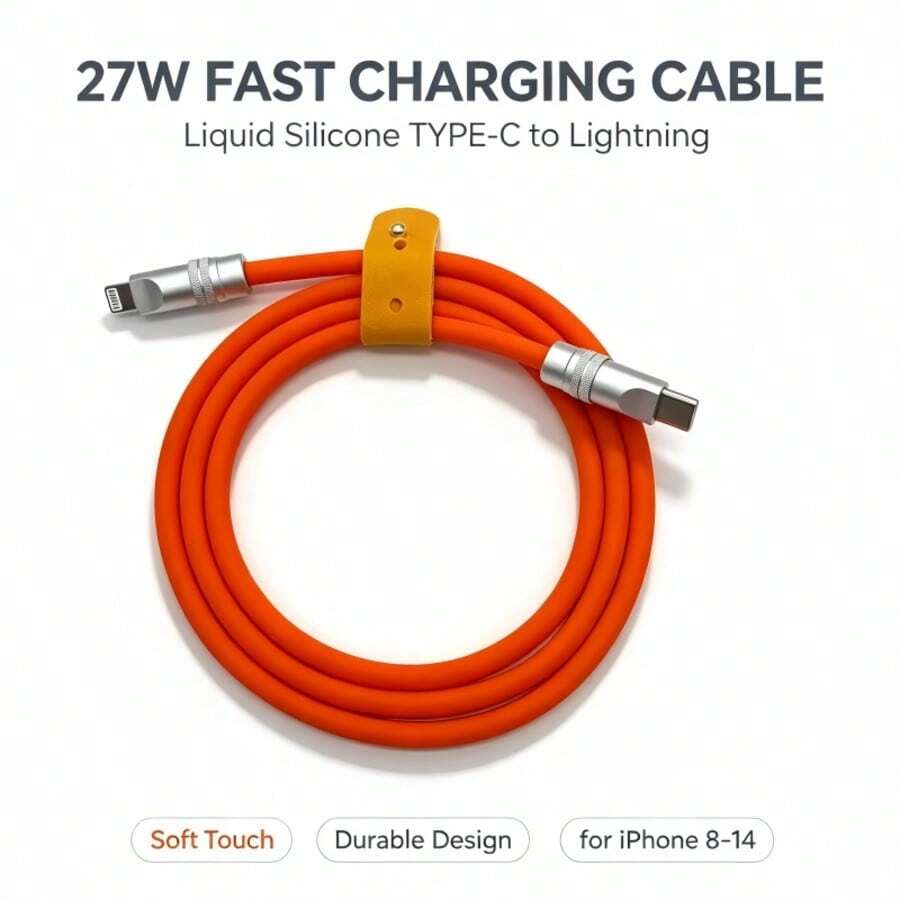 Kabel USB-C ke Lightning Silikon Cair Ultra Lembut, Warna Macaron Multi Warna, Kabel Pengisi Daya Cepat PD 27W Bersertifikasi MFi, Kompatibel dengan iPhone 14 13 12 11 X 8 - Jeruk - View 1