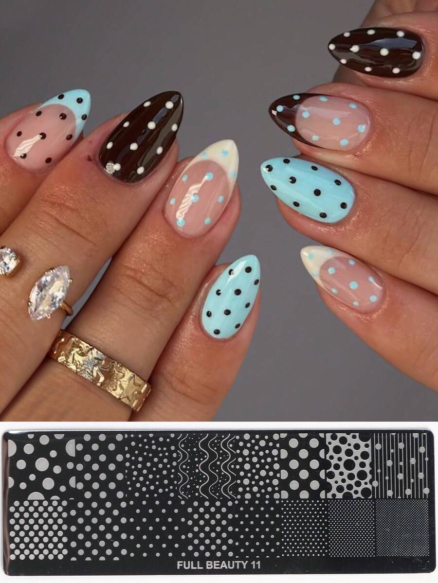 1 pieza Placas de estampado de uñas 3D Y2K con puntos de lunares, plantillas de lunares de moda para uñas, moldes de impresión de manicura con puntos de estilo francés de múltiples formas, herramientas para uñas - Plateado - Ver 1
