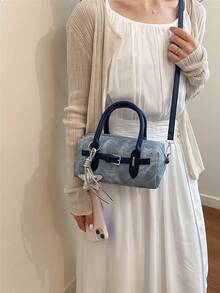 Nuevo bolso de mano de estilo coreano con bloques de color en denim para mujeres, bolso de hombro versátil, bolso pequeño de moda para ir al trabajo, bolso bandolera premium con colgante - Azul - Ver 3