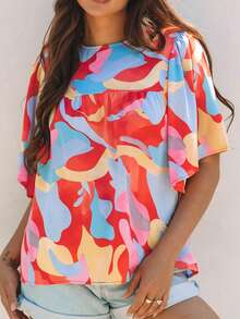 Women's Abstract Pattern Loose Fit Round Neck Blouse Summer Vacation - Multicolor - View 2