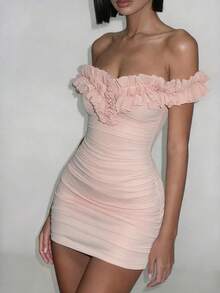 Top Dazzle Women's Sexy Sleeveless Ruffle Collar Off-Shoulder Fitted Dress, Elegant Mesh Fabric Ruched Short Mini Dress, Create A Stunning Look - Pink - View 4