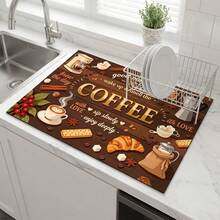 1pc Dish Drying Mat, Coffee Machine Mat, Coffee Theme Dish Drying Mat With Wooden Texture, Absorbent Mat, Kitchen Countertop Protection Non-Slip Mat, Creative Absorbent Draining Mat, Multi-Purpose Desktop Absorbent Drying Mat, Room Desktop Protection Mat, Holiday Gift, Kitchen Decor - XYLSD705 - View 6