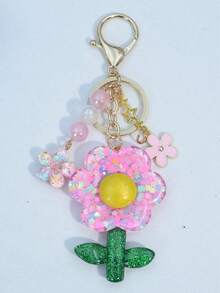 Minimalist Pink Cute Flower Beaded Keychain, Daily Wear & Holiday Gift, Five-Pointed Star Key Chain - Baby Pink - View 1