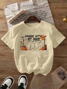 Kaos Wanita Ukuran Besar Motif dan Kelelawar Halloween Leher Bulat Lengan Pendek Kasual Musim Semi/Panas/Gugur Atasan Kaos Ukuran Besar untuk Liburan Musim Panas - Aprikot - View 2