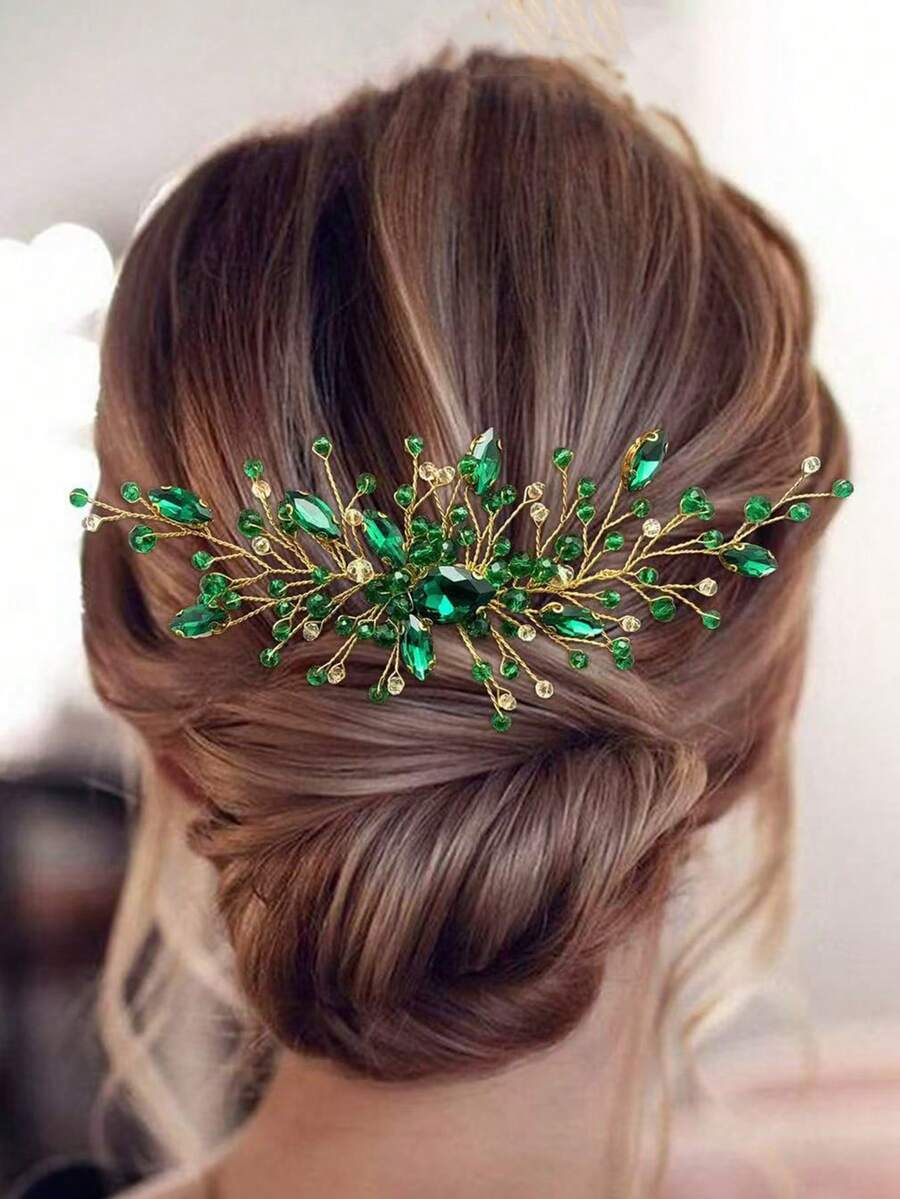 1pc Women's Fashion High-End Heavy Rhinestone Flower Hair Accessory Hair Comb - Green - View 1