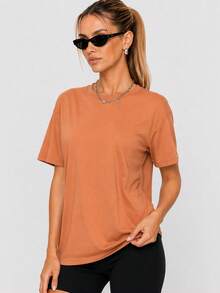 Nonwe Women Loose Fit Plain Short Sleeve T Shirt Soft Stretch Crew Neck Casual Sports Basic Tee Daily Wear - Brown - View 2