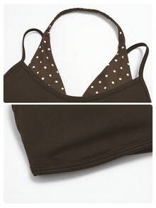 MFVIM Women's 2-Piece Yoga Set, Vintage 2 In 1 Camisole Top / Folded High Waist Slimming Capris Anti-Exposure - Brown With White Polka Dots - View 10