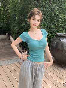 女款甜心領修身T恤，短袖上衣，春夏休閒款 - 薄荷藍 - 查看 5