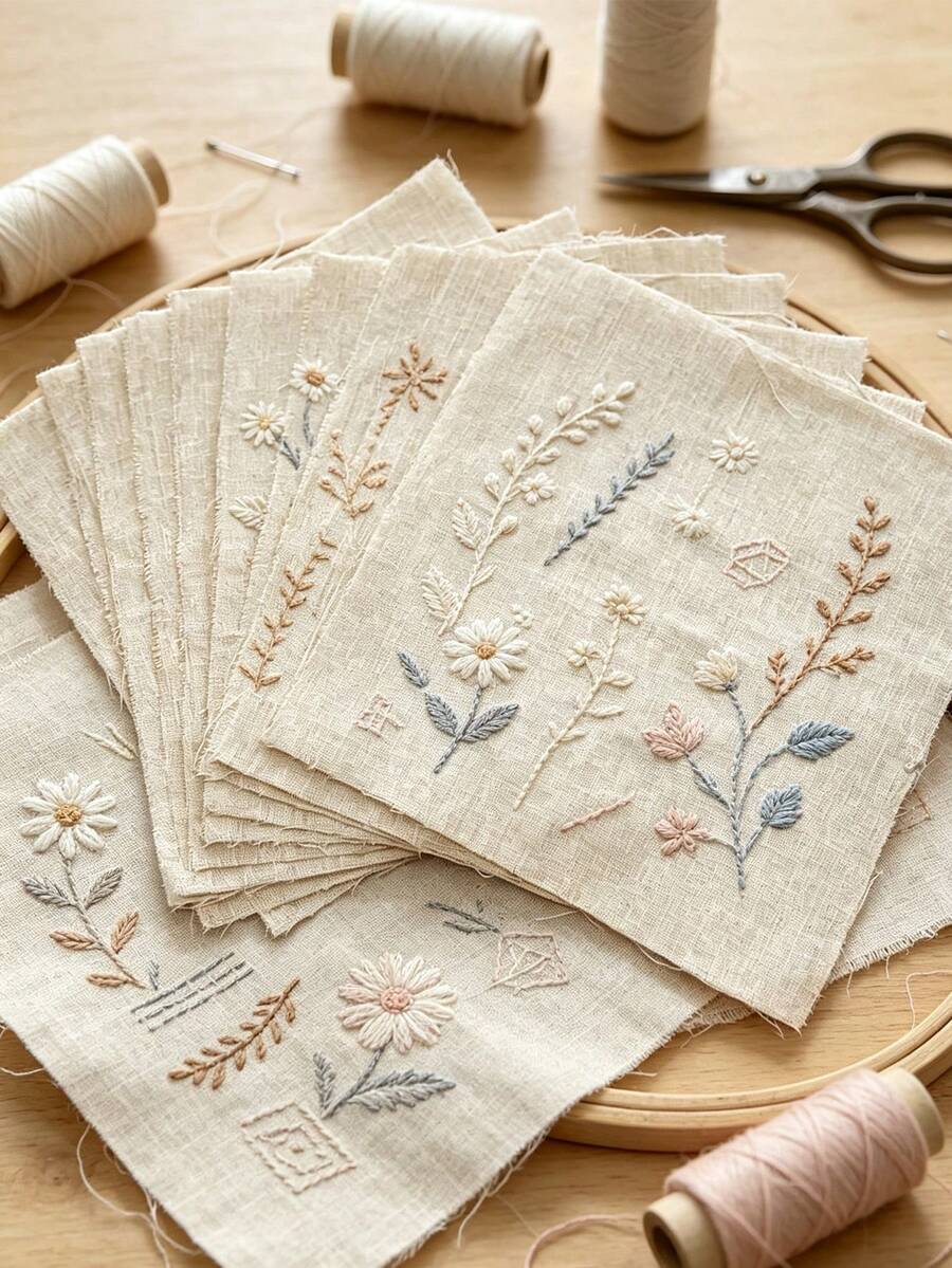 25x25cm Tela de base de lino sintético beige bordada 10 piezas/paquete, tela de bordado hecha a mano estilo campestre pastoral, adecuada para decoración de pared, arte en lienzo, elaboración de regalos personalizados y decoración del hogar DIY - Imitación de lino - Ver 1