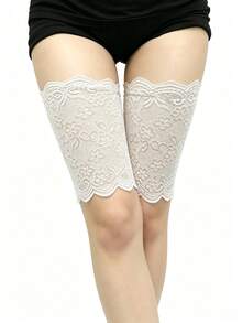 Women's White Floral Lace Thigh Sleeves, Scallop Border Sheer Lace Leg Covers, Chic Decorative Leg Accessories - White - View 4