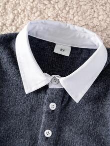 Boys' Dark Gray College Style Textured Long Sleeve Polo Shirt With White Contrast Collar Design, Suitable For Back To School, Daily Wear, Autumn/Winter - Dark Grey - View 6