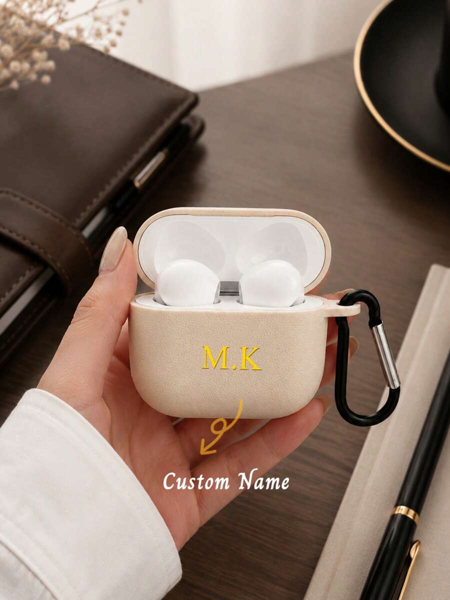 客製化字母姓名 (2件, 含掛鉤) 人造皮革荔枝紋耳機保護套,適用於 Air Case Pods Pro 2/3 保護套、Air Case Pods 第4代保護套、無線耳機保護殼、第2代分體式軟殼簡約保護套,客製化字母姓名,聖誕禮物、學生開學季、情人節禮物、生日禮物、節日禮物 - 乳白 - 查看 1