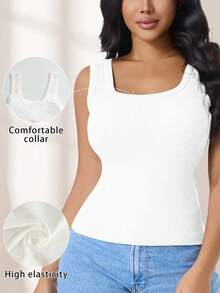 CELILIN Camiseta de tirantes anchos sin tensión, cuello cuadrado, cintura acanalada con relleno incorporado, capa base versátil y estilizada - Blanco - Ver 2