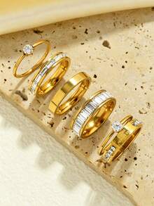 3/6/9/12pcs Elegant Stainless Steel Women's Ring Set, Rhinestone English Letter Round Zirconia Matte Multi-Style Stackable Rings, Suitable For Daily Commute, Dating, Confession, Engagement, Wedding Gift, Gentle Accessory, Random Style And Size - Silver - View 4