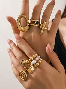 6pcs Bohemian Vintage Fashion Geometric Faux Pearl & Tiger Eye Stone Ring Set, Luxury INS Minimalist Versatile Finger Rings, Perfect Gift Choice - 6-piece Gold Set - View 7