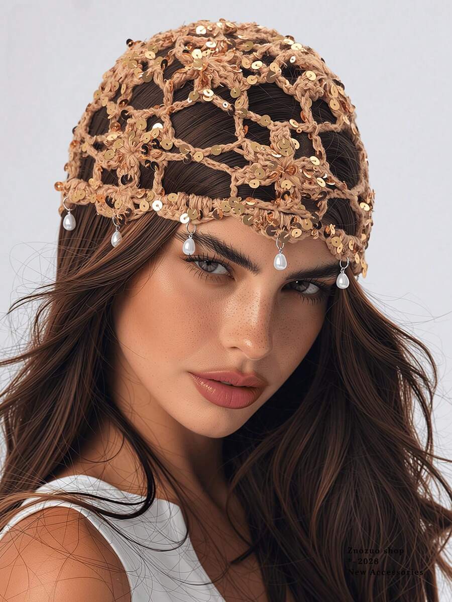 1pc Bohemian Solid Color Hollow Out Sequin Knitted Hair Cap - Multicolor-b - View 1