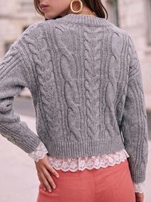 Sweater Rajut Kabel Leher V dengan Hiasan Renda - Pullover Longgar yang Nyaman untuk Musim Gugur, Cocok untuk Gaya Kasual Sehari-hari dan Kampus di Musim Gugur - Grey - View 8