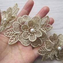 10入組花卉刺繡蕾絲飾邊，含珍珠3D花朵蕾絲飾邊與緞面絲帶，婚紗手工DIY縫製手工藝裝飾用品 - A - 查看 3
