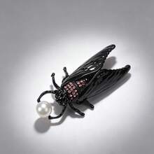 Black Cicada Insect Brooch Glossy Enamel Pink Rhinestone White Pearl Bug Lapel Pin Women Suit Coat Daily Gothic Unique Vintage Statement Jewelry Gift - Black - View 5