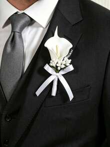 1件優雅婚禮白色馬蹄蘭與珍珠花束，滿天星花藝新娘花束，附蝴蝶結裝飾，攝影道具，適合新娘、伴娘、母親節、派對花環 - 多色3 - 查看 10