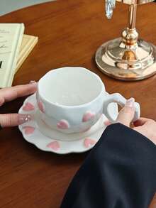 1 Set Pink Heart Embossed Ceramic Coffee Cup And Saucer, Breakfast Milk Cup Latte Coffee Cup Set, Suitable For Home, Cafe, Valentine's Day Gift, Mother's Day, Thanksgiving, Gift For Family And Friends - Multicolor - View 5