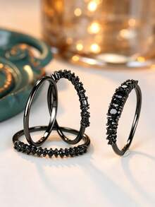 4pcs Minimalist Black Cubic Zirconia Stackable Rings, Durable Shiny Jewelry, Suitable For Halloween, Holiday Gift For Him - Multicolor - View 2
