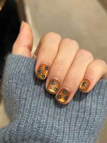10Pcs Handmade Short Oval Press On Nails, Translucent Golden Yellow Cat Eye, Tiny Blue Flower Sequins & Fine Silver Glitter, Bright Fresh Minimal Cool Daily Nails - Camel - View 2